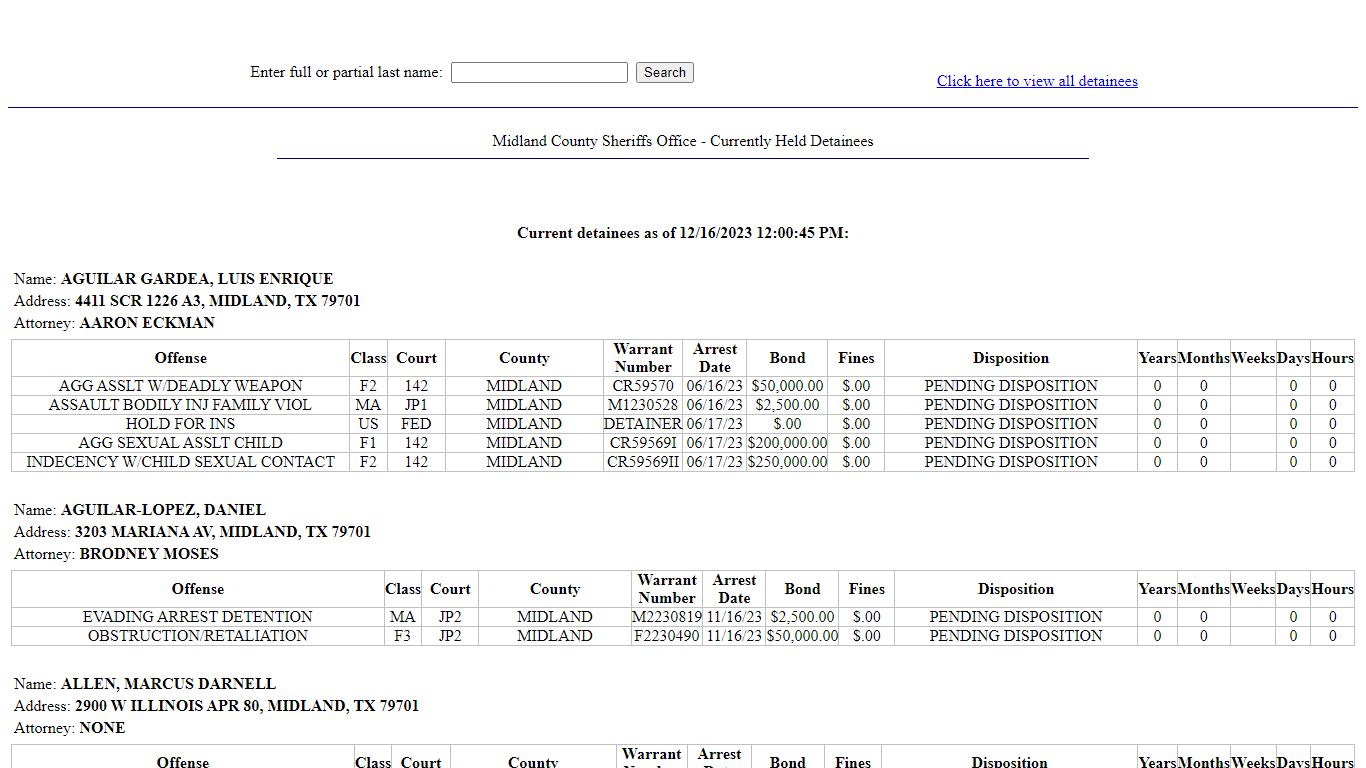 Midland County Sheriffs Office - Currently Held Detainees